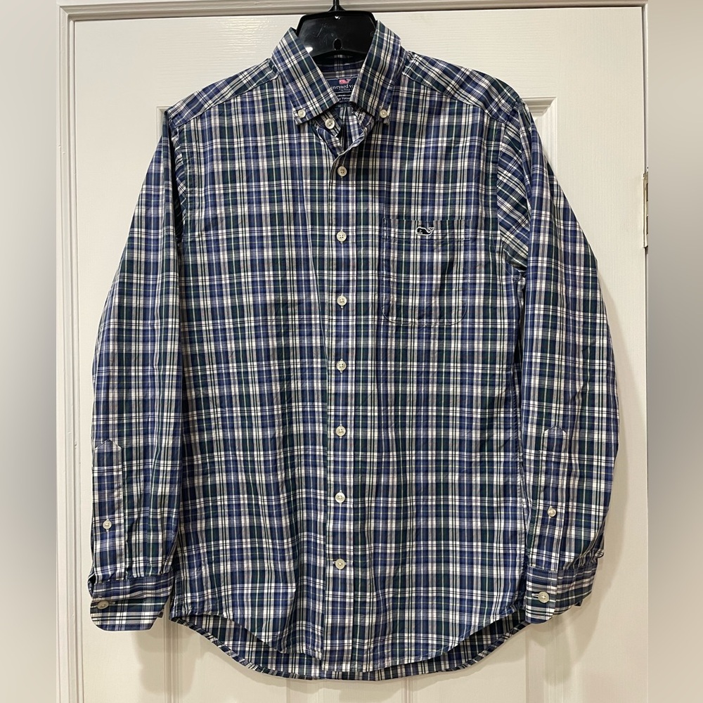 Vineyard Vines Men's Slim Fit Tucker Shirt in a blue and green checkered plaid